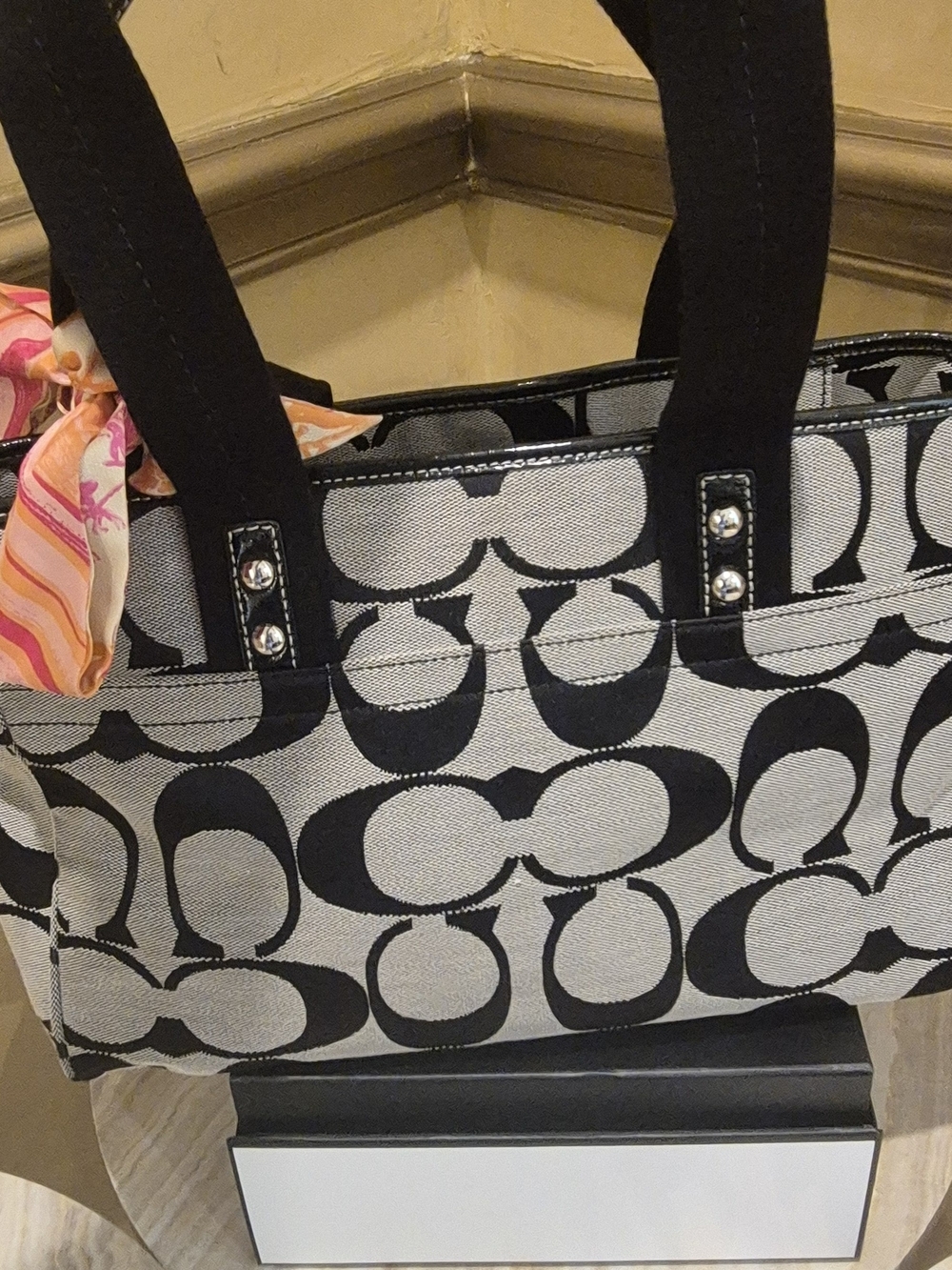 Coach Black and Cream Signature Canvas Tote with Studded Strap Accents - Picture 3 of 8